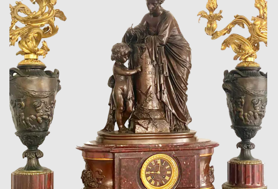 NAPOLEON III ROUGE MARBLE AND BRONZE CLOCK SET